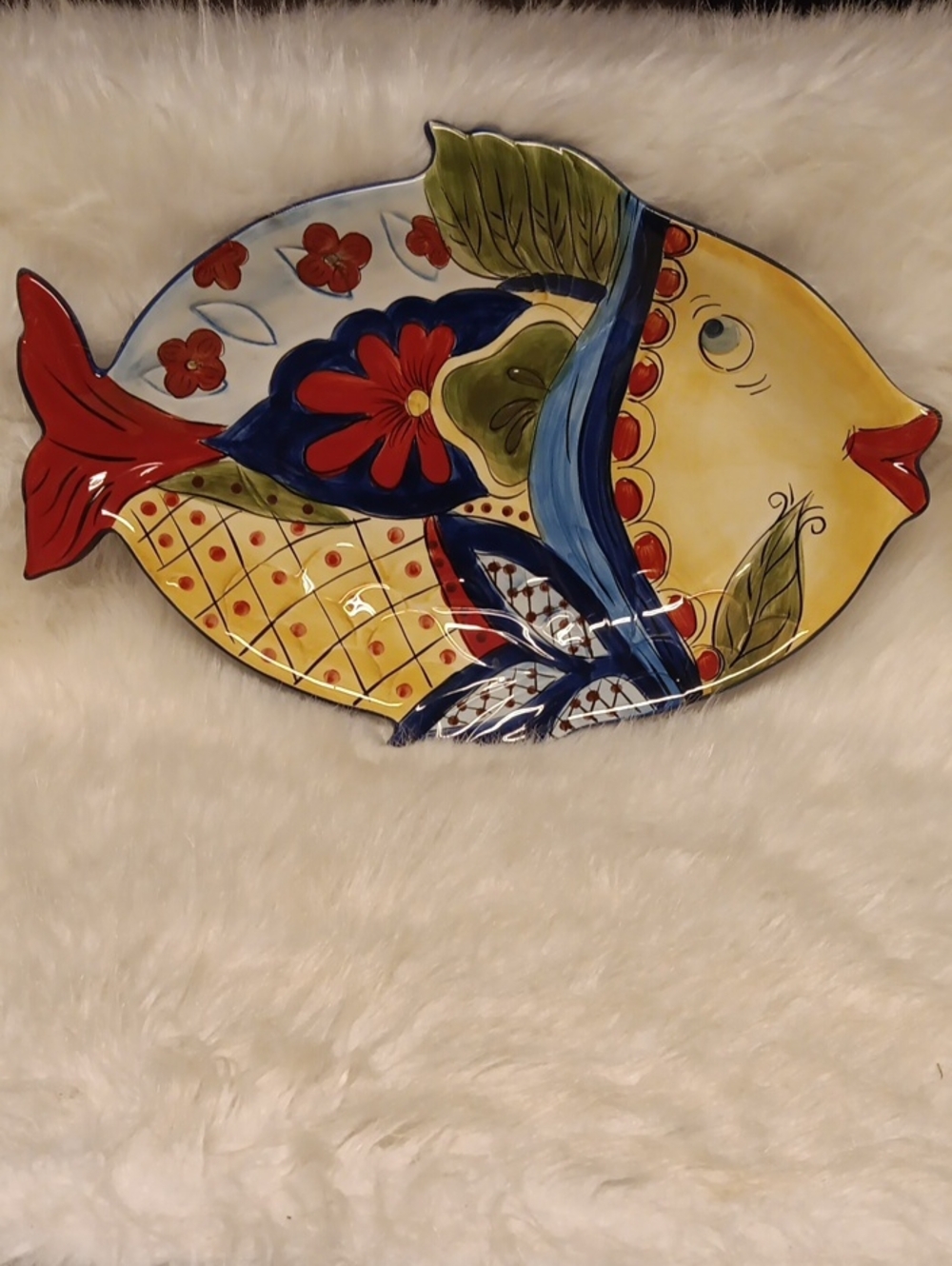Hand-Painted Fish Ceramic Platter in Yellow, Blue & Red